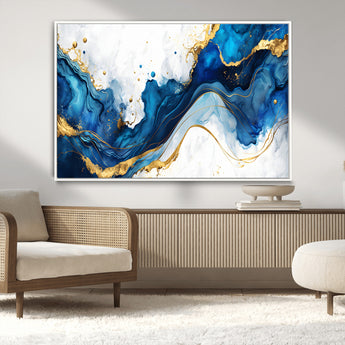 33506371-MGV-CV-36X24-Blue Marble Wall Art Canvas Print, Framed Gold Splash Art Picture Print, Abstract Wave Perfect Modern Luxe Decor Artwork