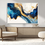 60283636-MGV-CV-36X24-Blue Gold Flow Wall Art Canvas Print, Framed Marble Texture Art Picture Print, Elegant Splash Perfect Elegant Abstract Decor