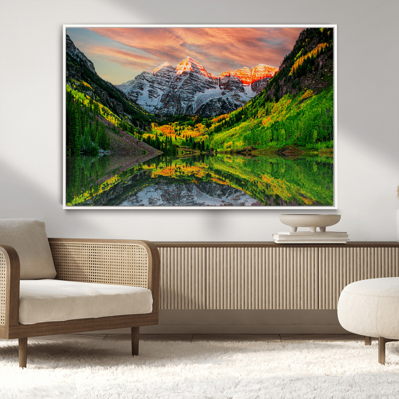 59533484-MGV-FC-36X24_White-Maroon Bells Autumn Wall Art – Panoramic Mountain Landscape Canvas Print, Sunset Reflection Nature Artwork for Living Room, Office