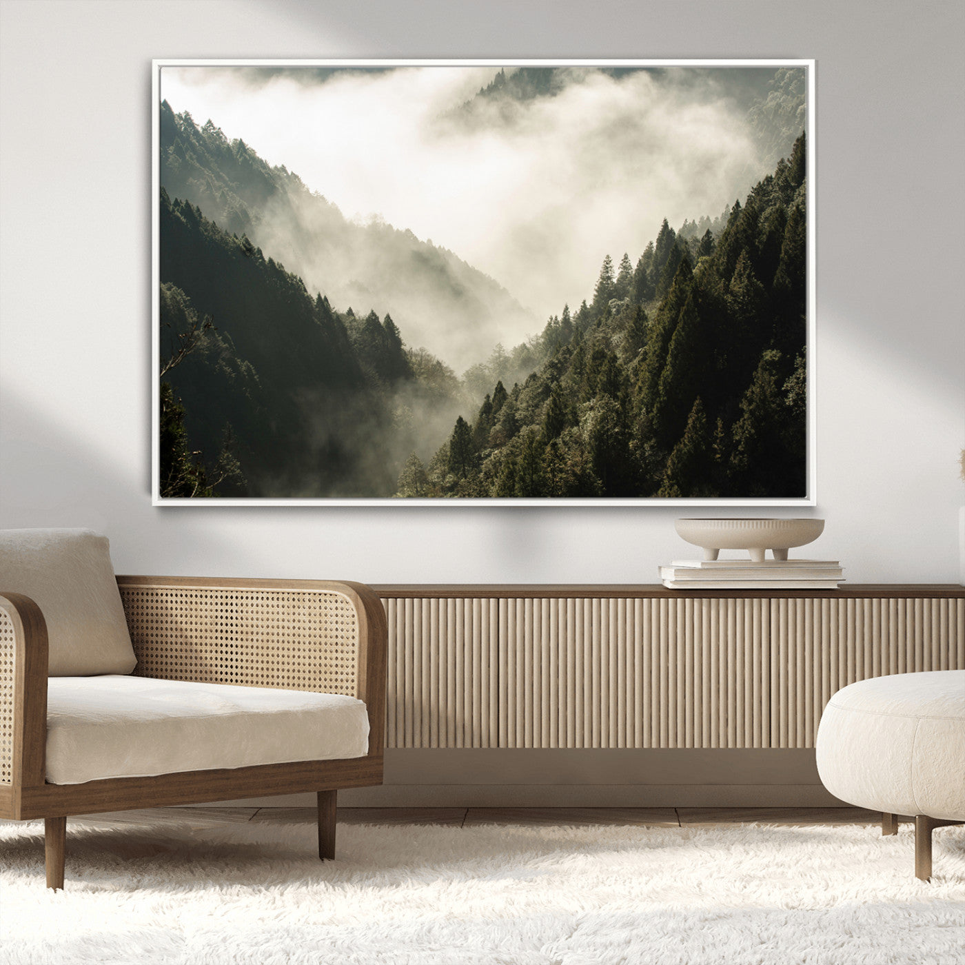 57570237-MGV-CV-36X24-Misty Valley Wall Art Canvas Print, Framed Foggy Forest Art Picture Print, Pine Trees Perfect Moody Woodland Decor Artwork