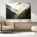 57570237-MGV-CV-36X24-Misty Valley Wall Art Canvas Print, Framed Foggy Forest Art Picture Print, Pine Trees Perfect Moody Woodland Decor Artwork