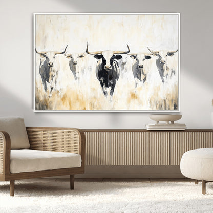 40397799-MGV-CV-36X24-Texas Longhorn Wall Art Canvas Print, Framed Rustic Herd Art Picture Print, Western Bull Perfect Neutral Western Decor Artwork
