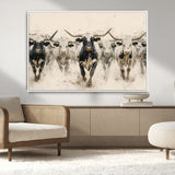 61538944-MGV-CV-36X24-Texas Longhorn Wall Art Canvas Print, Framed Cattles Walking Art Picture Print, Black White Bulls Perfect Rustic Western Decor