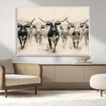 61538944-MGV-CV-36X24-Texas Longhorn Wall Art Canvas Print, Framed Cattles Walking Art Picture Print, Black White Bulls Perfect Rustic Western Decor