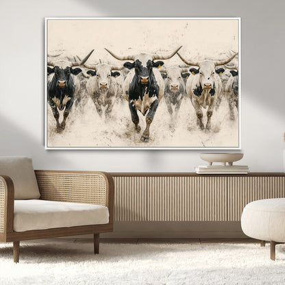 61538944-MGV-CV-36X24-Texas Longhorn Wall Art Canvas Print, Framed Cattles Walking Art Picture Print, Black White Bulls Perfect Rustic Western Decor