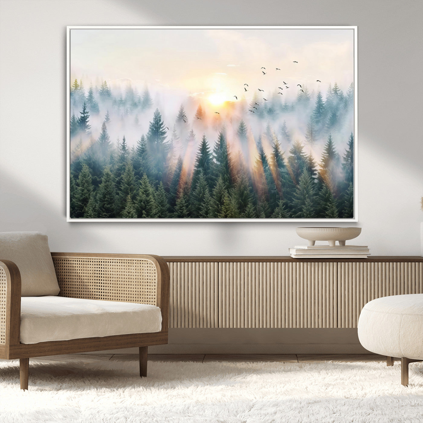 92718976-MGV-CV-36X24-Misty Forest Wall Art Canvas Print, Framed Sunrise Pines Art Picture Print, Foggy Woodland Perfect Moody Woodland Decor Artwork