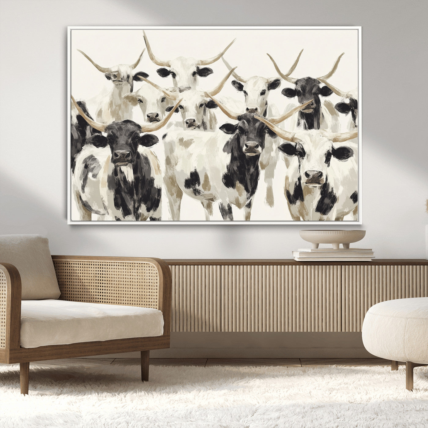 52947970-MGV-CV-36X24-Texas Longhorn Wall Art Canvas Print, Framed Cattle Herd Art Picture Print, Herd Portrait Perfect Modern Farmhouse Decor Artwork