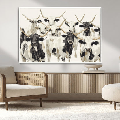52947970-MGV-CV-36X24-Texas Longhorn Wall Art Canvas Print, Framed Cattle Herd Art Picture Print, Herd Portrait Perfect Modern Farmhouse Decor Artwork
