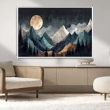11060882-MGV-CV-36X24-Moonlit Mountains Wall Art Canvas Print, Framed Forest Silhouette Art Picture Print, Night Landscape Perfect Modern Forest Decor