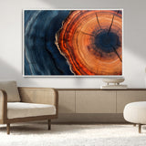 57732250-MGV-CV-36X24-Tree Ring Abstract Wall Art – Blue Orange Wood Grain Canvas Print, Modern Rustic Nature Artwork for Living Room, Office,