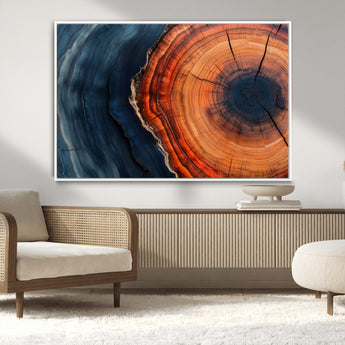 57732250-MGV-CV-36X24-Tree Ring Abstract Wall Art – Blue Orange Wood Grain Canvas Print, Modern Rustic Nature Artwork for Living Room, Office,