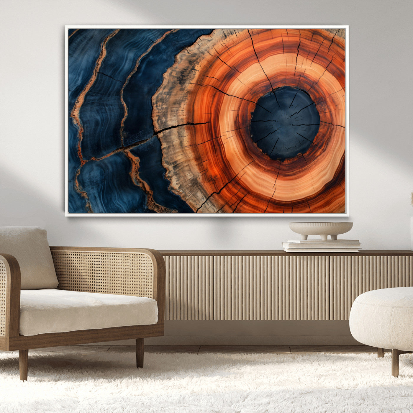 41123192-MGV-CV-36X24-Tree Ring Canvas Wall Art – Abstract Blue Orange Wood Grain Print, Rustic Modern Nature Artwork for Living Room, Bedroom, Office