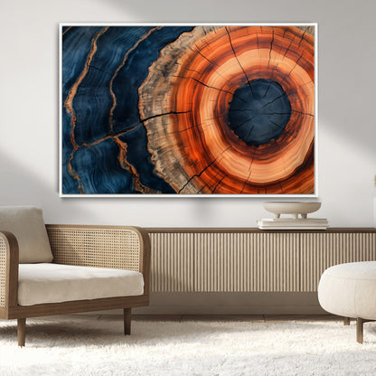 41123192-MGV-CV-36X24-Tree Ring Canvas Wall Art – Abstract Blue Orange Wood Grain Print, Rustic Modern Nature Artwork for Living Room, Bedroom, Office