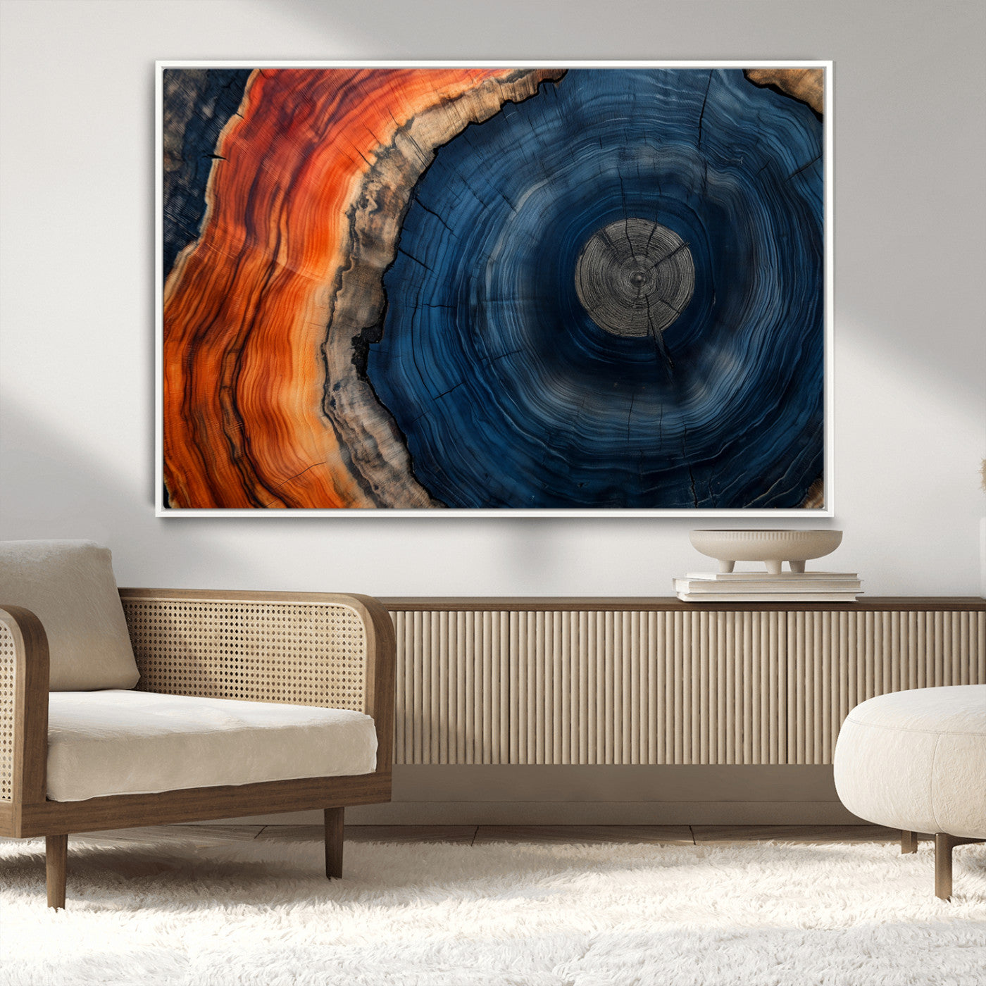 99491700-MGV-CV-36X24-Tree Ring Canvas Wall Art – Blue Orange Abstract Wood Grain Print, Rustic Modern Nature Artwork for Living Room, Office, Bedroom