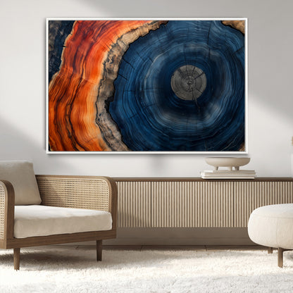 99491700-MGV-CV-36X24-Tree Ring Canvas Wall Art – Blue Orange Abstract Wood Grain Print, Rustic Modern Nature Artwork for Living Room, Office, Bedroom