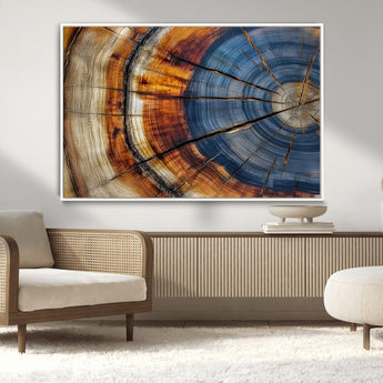 18032999-MGV-CV-36X24-Tree Ring Wall Art – Blue Brown Abstract Wood Slice Canvas Print, Rustic Modern Nature Decor for Living Room, Office, Bedroom or