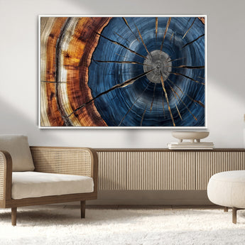 45268471-MGV-CV-36X24-Blue Tree Ring Wall Art – Rustic Wood Cross Section Canvas Print, Modern Abstract Nature Decor for Living Room, Office, or Cabin