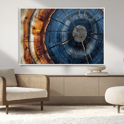 45268471-MGV-CV-36X24-Blue Tree Ring Wall Art – Rustic Wood Cross Section Canvas Print, Modern Abstract Nature Decor for Living Room, Office, or Cabin