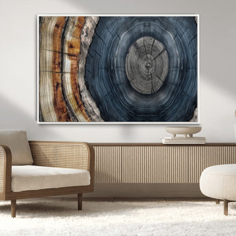 91368647-MGV-CV-36X24-Smoky Blue Tree Ring Wall Art – Rustic Wood Cross Section Canvas Print, Modern Nature Inspired Decor for Living Room, Office, or