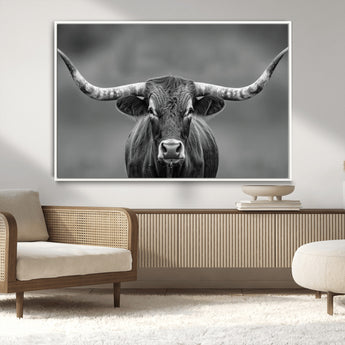 81228550-MGV-CV-36X24-Framed Texas Longhorn Bull Art Canvas Print, Western Bull Wall Art Print, Long Horn Bull Photo Print for Log Cabin, Large Bull