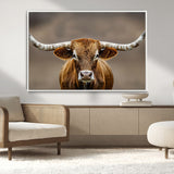 12179171-MGV-CV-36X24-Texas Longhorn Wall Art Canvas Print, Framed Brown Bull Art Picture Print, Lone Cattle Perfect Rustic Western Decor Artwork
