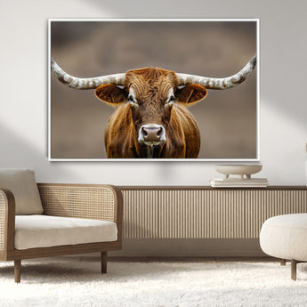 12179171-MGV-CV-36X24-Texas Longhorn Wall Art Canvas Print, Framed Brown Bull Art Picture Print, Lone Cattle Perfect Rustic Western Decor Artwork