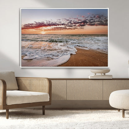 39846389-MGV-CV-36X24-Ocean Sunset Wall Art Canvas Print, Framed Sandy Shore Art Picture Print, Gentle Waves Perfect Minimalist Coastal Decor Artwork