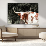 54027638-MGV-CV-36X24-Texas Longhorn Wall Art Canvas Print, Framed Spotted Cow Art Picture Print, Horned Bull Perfect Rustic Western Decor Artwork