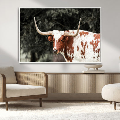54027638-MGV-CV-36X24-Texas Longhorn Wall Art Canvas Print, Framed Spotted Cow Art Picture Print, Horned Bull Perfect Rustic Western Decor Artwork