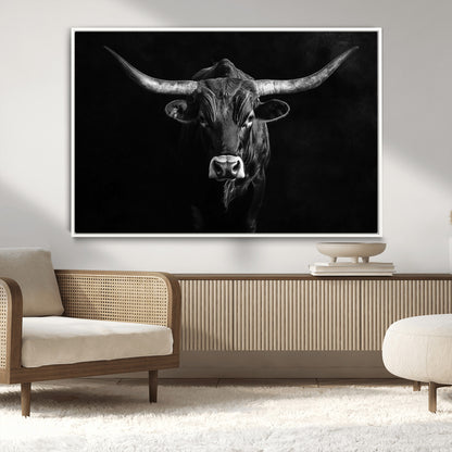 42077175-MGV-FC-36X24_White-Texas Longhorn Wall Art Canvas Print, Framed Monochrome Bull Art Picture Print, Horned Bull Perfect Rustic Western Decor Artwork