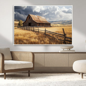 38758826-MGV-CV-36X24-Rustic Barn Wall Art Canvas Print, Framed Moody Barn Art Picture Print, Golden Field Perfect Rustic Farmhouse Decor Artwork