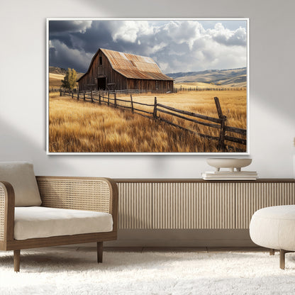 38758826-MGV-CV-36X24-Rustic Barn Wall Art Canvas Print, Framed Moody Barn Art Picture Print, Golden Field Perfect Rustic Farmhouse Decor Artwork