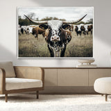 79025945-MGV-CV-36X24-Texas Longhorn Wall Art Canvas Print, Framed Speckled Cow Art Picture Print, Horned Cattle Perfect Rustic Western Decor Artwork