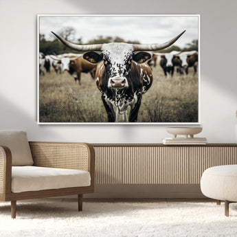 79025945-MGV-CV-36X24-Texas Longhorn Wall Art Canvas Print, Framed Speckled Cow Art Picture Print, Horned Cattle Perfect Rustic Western Decor Artwork
