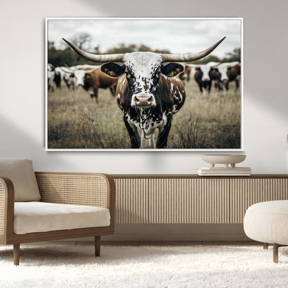 79025945-MGV-CV-36X24-Texas Longhorn Wall Art Canvas Print, Framed Speckled Cow Art Picture Print, Horned Cattle Perfect Rustic Western Decor Artwork