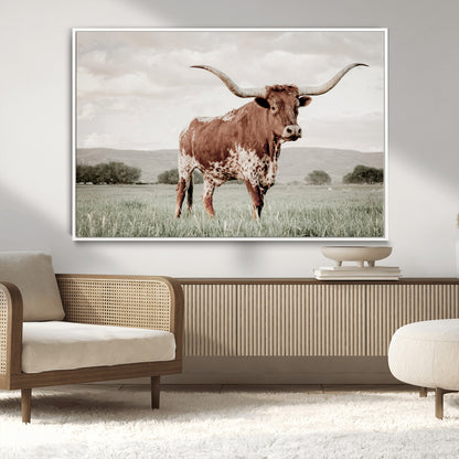 28309012-MGV-CV-36X24-Texas Longhorn Wall Art Canvas Print, Framed Spotted Cattle Art Picture Print, Horned Bull Perfect Rustic Western Decor Artwork