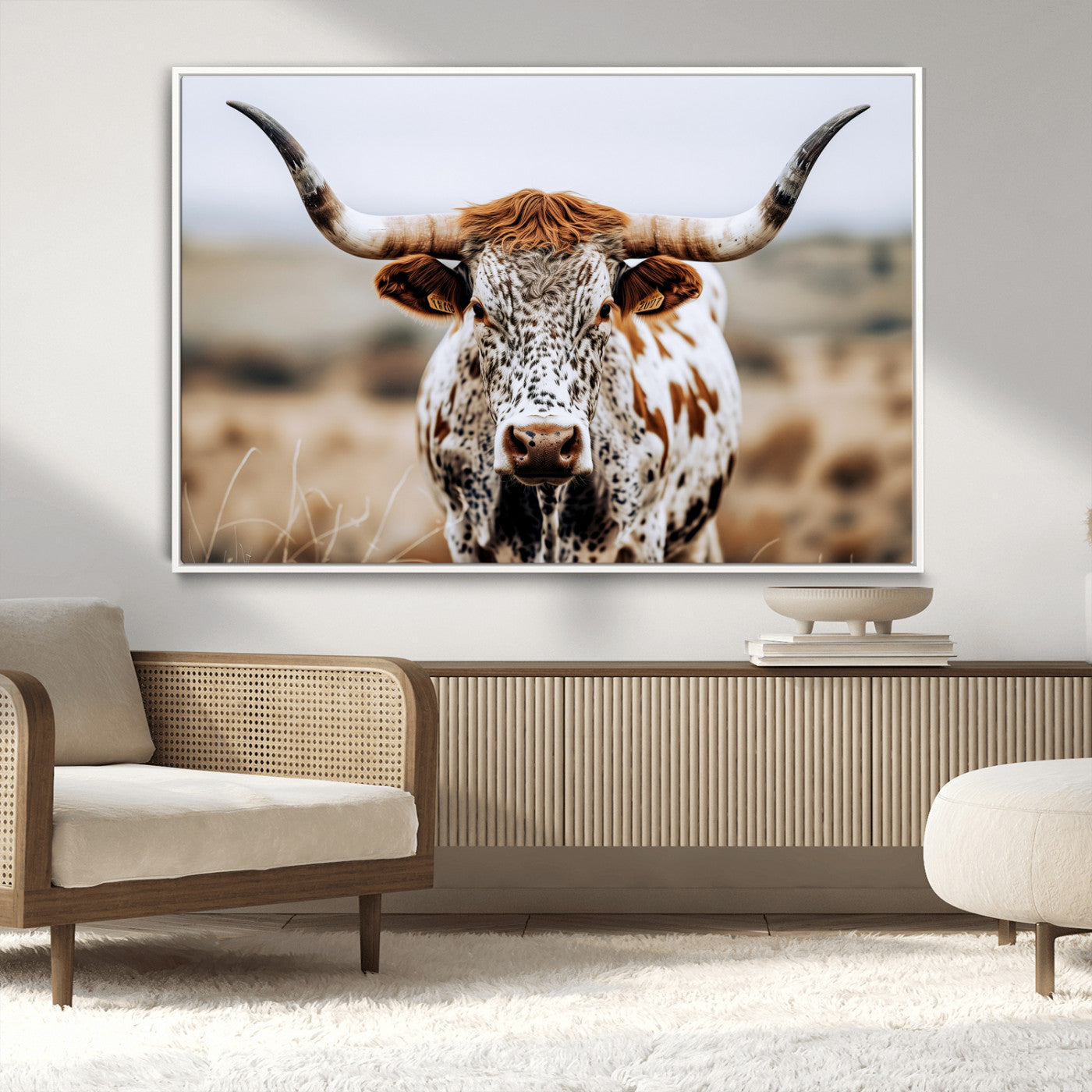 76294381-MGV-CV-36X24-Texas Longhorn Wall Art Canvas Print, Framed Spotted Cow Art Picture Print, Horned Cattle Perfect Rustic Western Decor Artwork