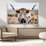 76294381-MGV-CV-36X24-Texas Longhorn Wall Art Canvas Print, Framed Spotted Cow Art Picture Print, Horned Cattle Perfect Rustic Western Decor Artwork
