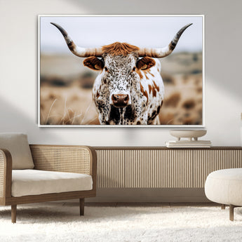 76294381-MGV-CV-36X24-Texas Longhorn Wall Art Canvas Print, Framed Spotted Cow Art Picture Print, Horned Cattle Perfect Rustic Western Decor Artwork