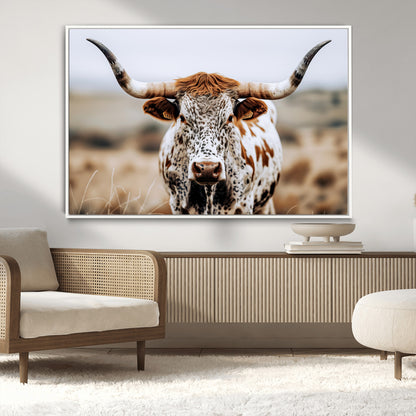 76294381-MGV-CV-36X24-Texas Longhorn Wall Art Canvas Print, Framed Spotted Cow Art Picture Print, Horned Cattle Perfect Rustic Western Decor Artwork
