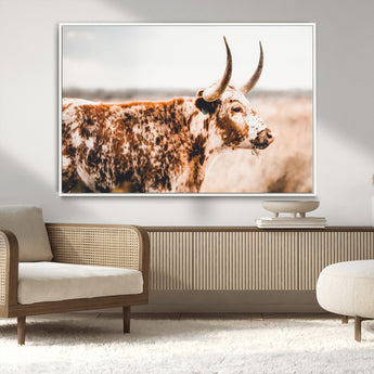 11528295-MGV-CV-36X24-Speckled Longhorn Wall Art Canvas Print, Framed Texas Cattle Art Picture Print, Horned Cow Perfect Rustic Western Decor Artwork