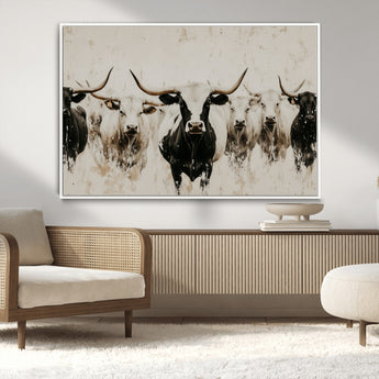 12027562-MGV-FC-36X24_White-Longhorn Cattle Wall Art Canvas Print, Framed Bison Herd Art Picture Print, Cattle Group Perfect Rustic Farmhouse Decor Artwork