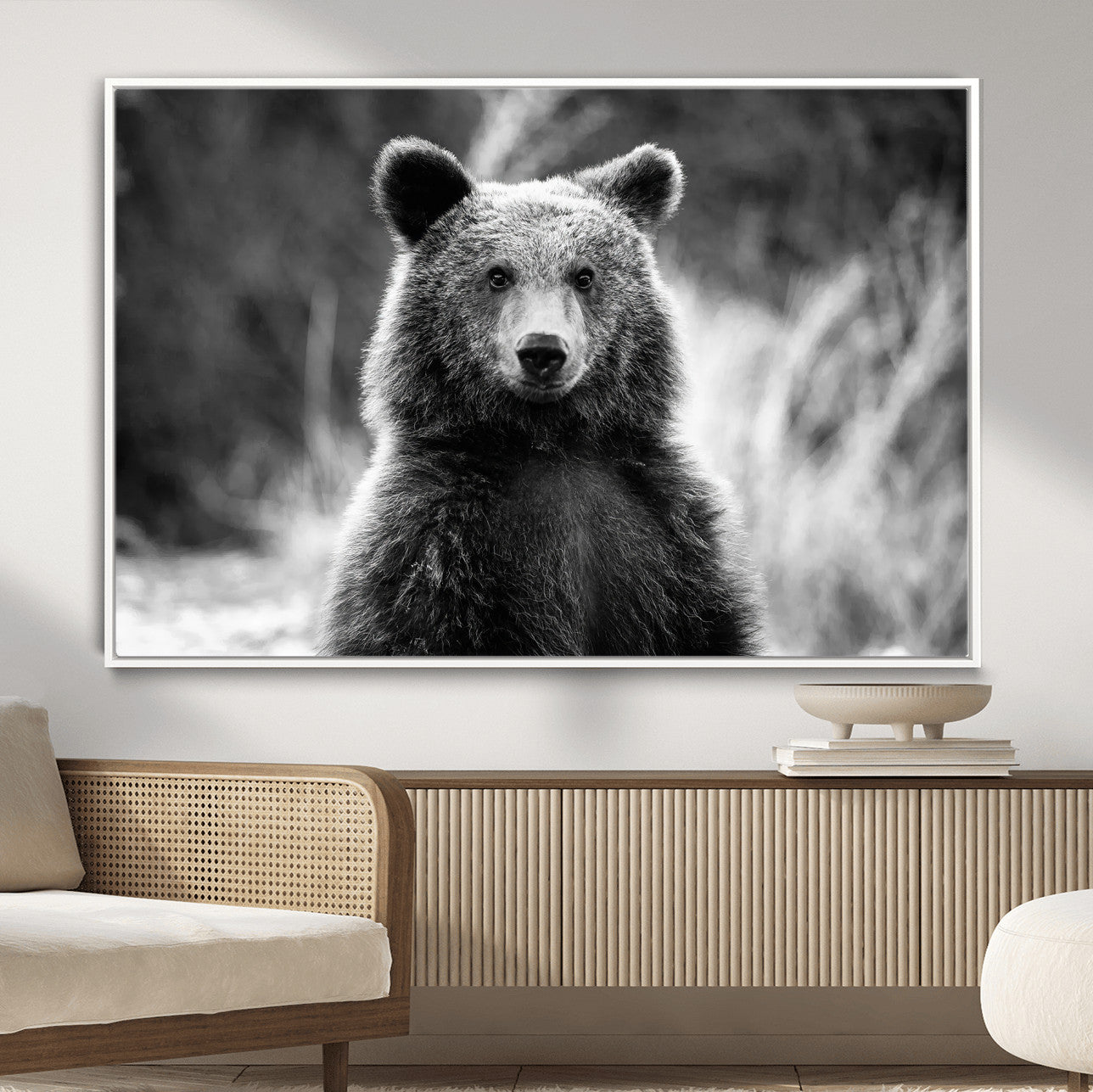 MGV-FC-36X24 - Grizzly Bear Wall Art Canvas Print, Framed Black White Bear Art Picture Print, Wild Bear Perfect Rustic Wildlife Decor Artwork