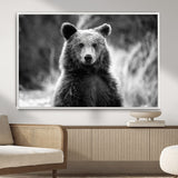 MGV-FC-36X24 - Grizzly Bear Wall Art Canvas Print, Framed Black White Bear Art Picture Print, Wild Bear Perfect Rustic Wildlife Decor Artwork