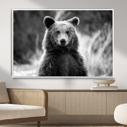 MGV-FC-36X24 - Grizzly Bear Wall Art Canvas Print, Framed Black White Bear Art Picture Print, Wild Bear Perfect Rustic Wildlife Decor Artwork