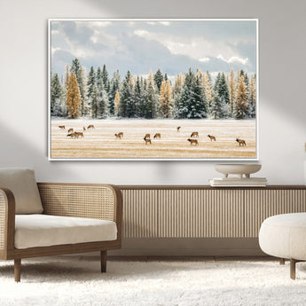 64188182-MGV-CV-36X24-Elk Herd Wall Art Canvas Print, Framed Snowy Forest Art Picture Print, Forest Elks Perfect Neutral Rustic Decor Artwork