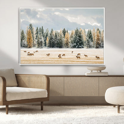 64188182-MGV-CV-36X24-Elk Herd Wall Art Canvas Print, Framed Snowy Forest Art Picture Print, Forest Elks Perfect Neutral Rustic Decor Artwork