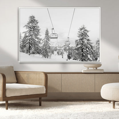 55003599-MGV-CV-36X24-Snowy Ski Lift Wall Art Canvas Print, Framed Winter Forest Art Picture Print, Ski lift Ride Perfect Winter Lodge Decor Artwork
