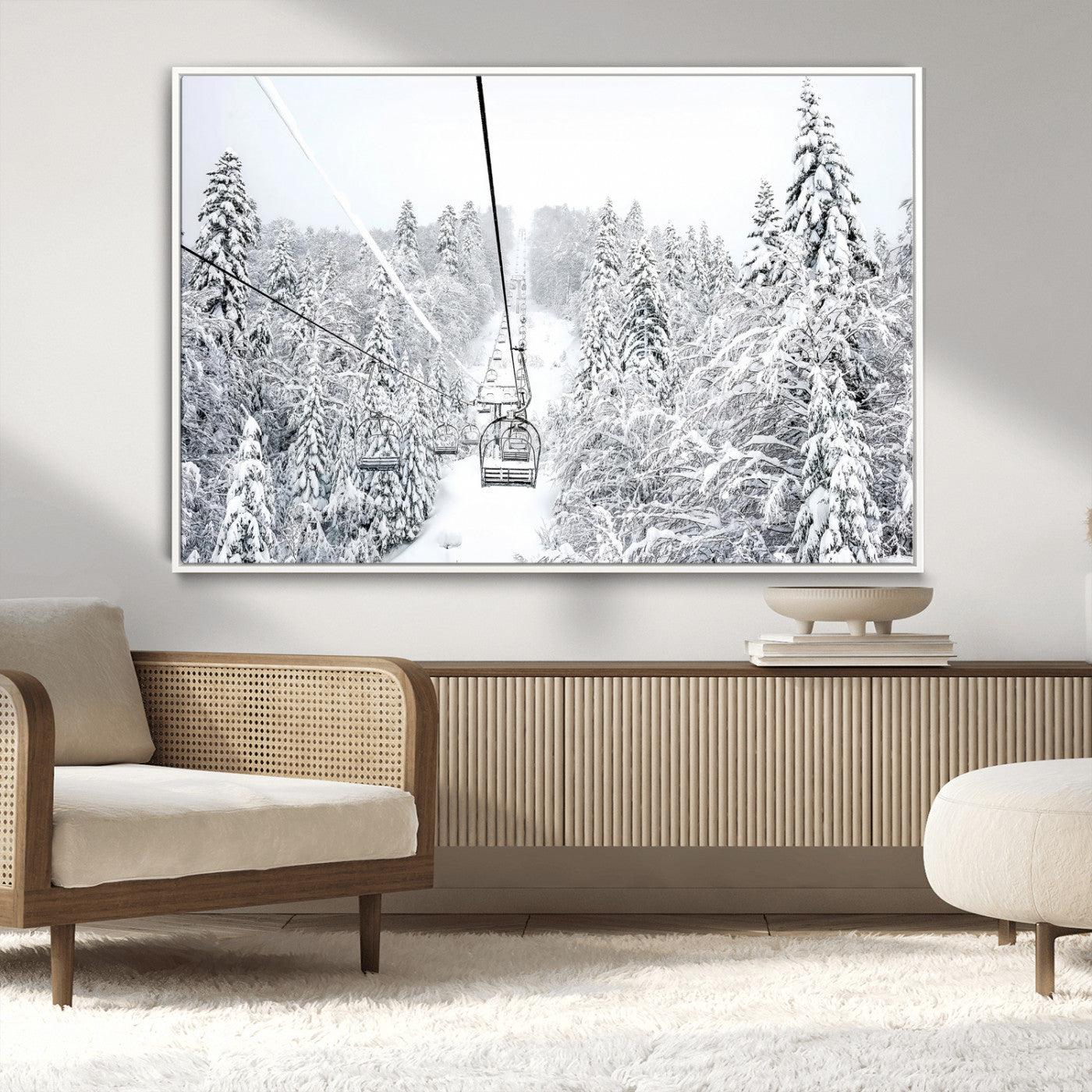 60296839-MGV-CV-36X24-Snowy Mountains Wall Art Canvas Print, Framed Ski Lift Art Picture Print, Winter Forest Perfect Winter Minimalist Decor Artwork