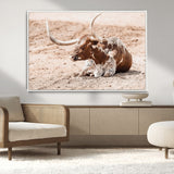 91248682-MGV-CV-36X24-Texas Longhorn Wall Art Canvas Print, Framed Resting Bull Art Picture Print, Spotted Cattle Perfect Rustic Western Decor Artwork